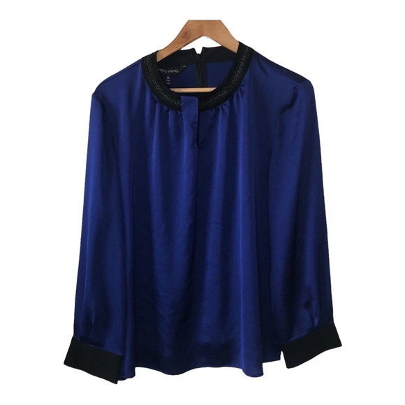 B678 NWT Ming Wang Keyhole Knit Trim Detail Crept De Chine Blouse. Lunar Blue XL - Picture 5 of 7